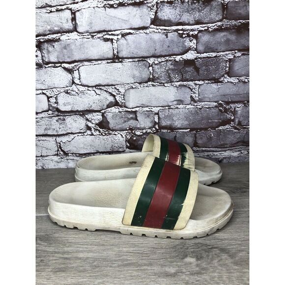 GUCCI Web White Rubber Logo Casual Slides Designer Sandals Men’s Sz 11M US/44EU - Picture 9 of 16